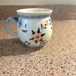 Boleslawiec Polish Pottery 16oz Bubble Coffee Tea Mug Pink Blue Cream Floral